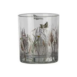 4425018-10 Glas Teelichthalter m.Blumen Decal,9x10cm, Rosa